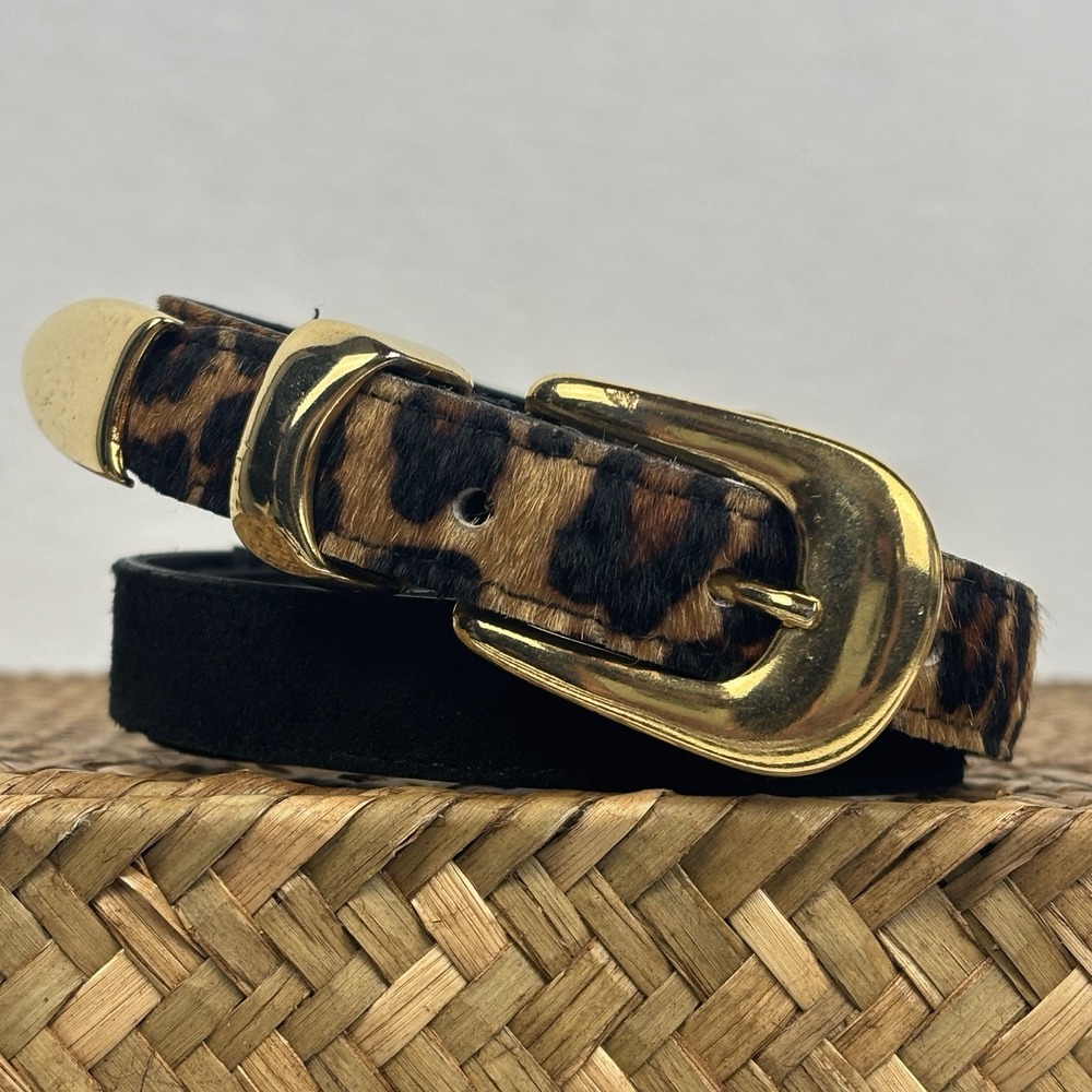 A. Brod Belt L Leopard Cheetah Black Calf Hair Leather Gold Tone Made USA VTG